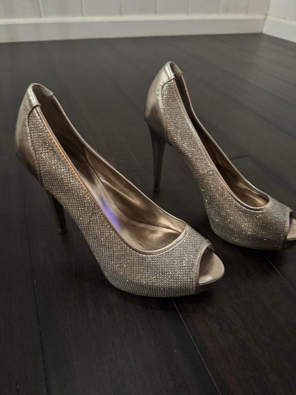 Guess Women’s Glitter Peep-Toe Heels in Champagne Gold